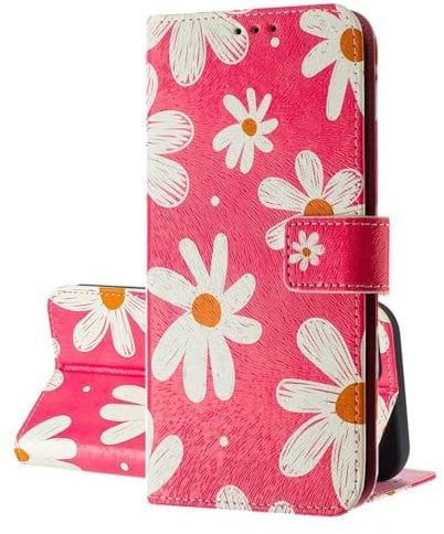 SEHEYA Cover compatible with Google Pixel 6A Phone Case PU Leather Wallet Purse with Cute Pattern Book Flip Folio Card Slots Holder Magnetic Protection, Red Daisy