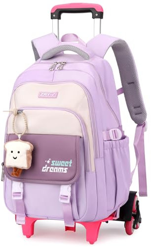 Amythe Schulrucksack Trolley für Mädchen, Teenager Rucksack Schule mit Rollen, Abnehmbar Trolley Schulranzen für Grund- und Sekundarschüler, Daypack für Reise mit 6 Räder,36L -Lila