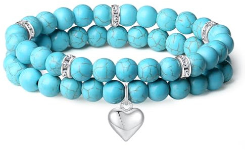 AWARDSEN Herz Edelstein Armband Damen, Blau Kristall 8mm Edelstein Schmuck, Türkis Heilsteine Armband, Partnerarmbänder Geschenk für Frauen (2 PCS)