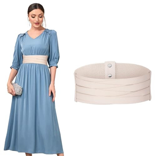 SUOSDEY Breiter Ledergürtel für Damen, Elastischer Geflochtener Gürtel für Kleider Modischer Stretch Taillengürtel beige