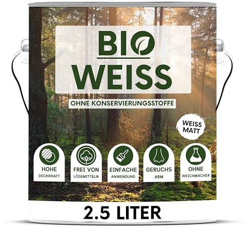 derendo BIO Wandfarbe weiß hohe Deckkraft 2.5l | ohne Konservierungsmittel & Weichmachern | Innenfarbe Farbe ausbessern Allergikerfreundlich, Umweltfreundlich & Geruchsarm (2,5 Liters)