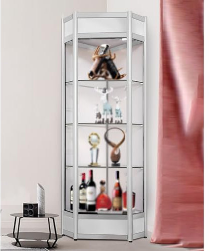 Vitrine, 180 cm hohe Glasvitrine mit Beleuchtung, Eckvitrinen aus Metall für Sammlerstücke, durchsichtiger Spirituosen-Aufbewahrungsschrank mit Beleuchtung (Silber, 180 x 50 x 50 cm/70,8 x 20 x 20))