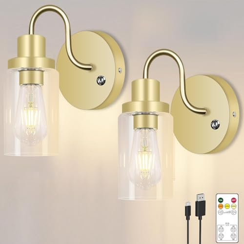 TZHILAN Juego de dos apliques de pared inalámbricos de 6000 mAh, regulables, funciona con pilas, lámpara de pared con bombilla para sala de estar, dormitorio, pasillo, color dorado
