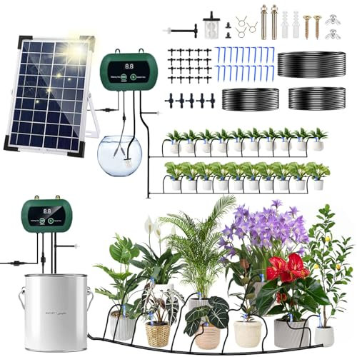 Solar Bewässerungssystem Garten, Automatische Bewässerungssystem Balkon mit 20M Tropfschlauch, Pflanzen Solar-Bewässerungssystem Gewächshaus, 300 Modi, IP65 Wasserdicht Solar Bewässerung System
