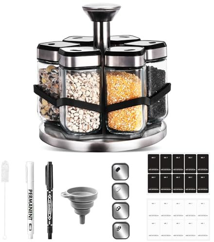 SAEIV 360° Gewürzhalter Drehbar, Gewürze Organizer mit 6 x 120ml Gewürzgläser, 360° Größenverstellung, Zartes Gewürzregale aus Edelstahl, Lagerung von Grundgewürzen für Kochanfänger