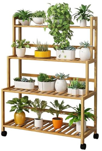 DECORN Pflanze Stand Indoor Outdoor 4 Tier Bambus Ständer Regal mit Rad für mehrere Pflanzen Potted Leiter Pflanzenhalter für Fenster Garten Balkon Wohnzimmer,80cm/31.5 L