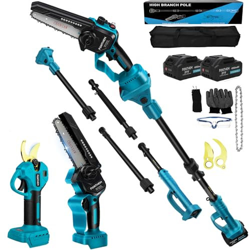 panthem Élagueuse sur perche sans fil 4 en 1 de 15 cm Mini tronçonneuse télescopique avec batterie et sécateur électrique de 45 mm 21 V 4000 mAh pour makita 18V Élagueur Pour le jardin