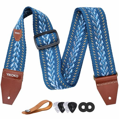 YIKOKO Gitarrengurt 5,1 cm Baumwolle Gitarrengurte mit Vollnarbenlederende für Bass-, Elektro- und Akustikgitarren