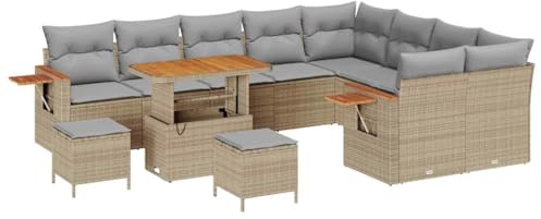 vidaXL Großes Garten-Sofa-Set mit Kissen in Beige, aus Poly-Rattan und Akazienholz, mit Tisch - 5 Teile für Terrasse und Lounge, modular, UV-beständig, modern