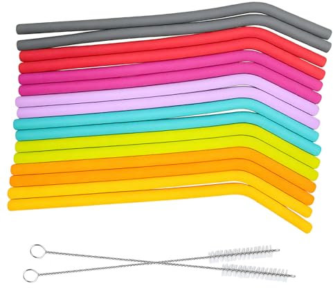 Supecesorio Silicone Straws, Reusable, Pack of 16 Silicone Party Straws, Foldable Straw with 2 Brushes, for Smoothies, Bubble Tea, Coffee, Cocktail, Milk, Juice, Yogurt, 25 cm