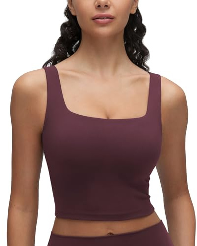 CRZ YOGA Women's Butterluxe Square Neck Sports Bra Padded Wireless Crop Top Gym Workout Tank Tops Camisole with Built in Bra Ripe Plum 10