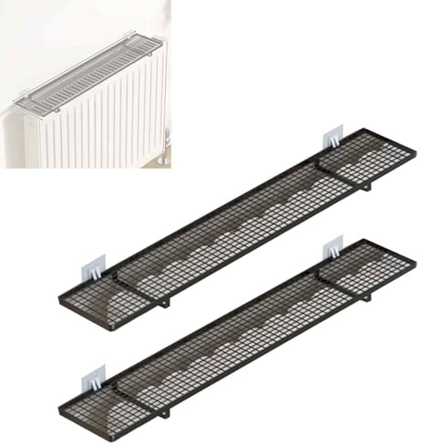 Lot de 2 Etagere Radiateur Sans Perçage, en Métal, Tablette Radiateur Sans Percer Capacité de Charge 25 Kg, pour un Gain de Place Optimal, Design Creux(Black,55x15cm/21.7x6in)