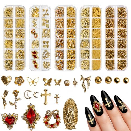 Scettar Gold Nail Charms, 5 Boxes Metal Nail Gems Nail Art 3D Accessories | Flatback Gold Nail Gems for Nail Art, Assorted Styles Nail Jewels Pearls DIY Nail Design Decoration Kit for Women Girls