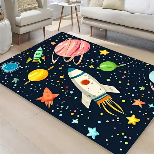 Kuluoits Cartoon Sternenhimmel Teppich, 60x90cm, Niedlicher Weltraum Teppich Bunten Planeten und Raketen für Kinderzimmer, Wohnzimmer Waschbar, Weich, rutschfest und Großformatig Gemustert
