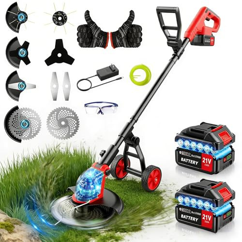 Lacoco Tagliaerba elettrico senza fili con ruote, 800 W, larghezza di taglio da 30,5 cm, con 2 batterie da 3,0 Ah e caricabatterie, 4 tipi di lame Weed Wacker, frustino portatile da giardino