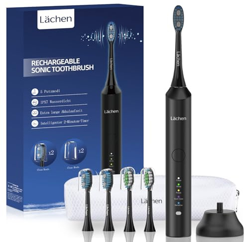 Lächen Electric Toothbrush for Adults – Sonic Rechargeable, 5 Modes & Smart Timer, Travel Case & Wireless Charging, 4 Brush Heads, IPX7 Waterproof – Black