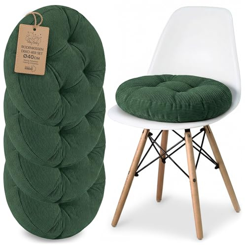 Sitzkissen Rundes Sitzpolster 4er Set 40 cm aus Cord waschbar – Stuhlkissen & Bodenkissen Sitzpolster Stuhlauflage für Esszimmer Wohnzimmer Küche Sitzbank & Hocker Grün