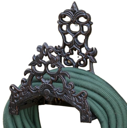 Ornate Cast Iron Garden Hose Holder, Wall Mounted, Victorian Scrollwork Design, Brown, 25 x 30 x 15cm