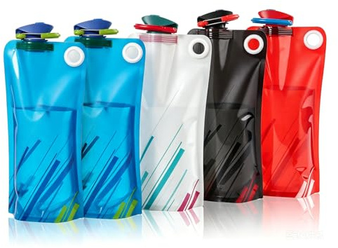 poraceous 5 Pcs Botellas de Agua Plegables, 700ml Botella de Agua Plegable | Plegable Flexible Botella plegable de 700ml, Bolsas de Agua Reutilizables, Flask Plegable con Mosquetón para Senderismo