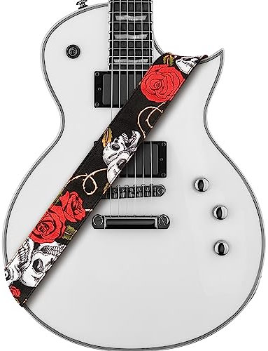 Amumu Tracolla per chitarra con teschio rosa in denim rosso per chitarre acustiche, elettriche e bassi, con blocchi per tracolla e cinghia per paletta, larghezza 5,1 cm