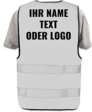 PixiPrints.com Hochwertige Warnweste mit Leuchtstreifen * Farbe: Grau (XL/XXL) * Druck: Rücken + linke Brust * bedruckt mit Name Text Bild Logo Firma * personalisiertes Design selbst gestalten