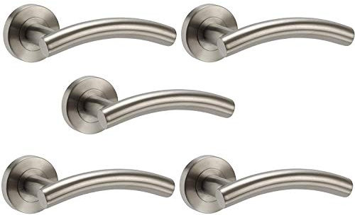 5 Pairs of Arched T-Bar Door Handles Brushed Steel Finish - Golden Grace