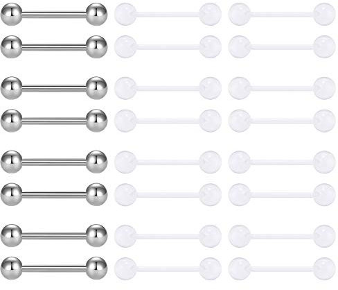 Mayhoop 14G Zungenpiercing Brustwarzenpiercing 316L Chirurgenstahl und Flexibel Acryl Retainer Halter Nippelpiercing Brustwarzen Zunge Piercing Set 24 Stk 14mm