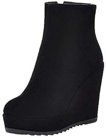 MISSUIT Damen Keilabsatz Plateau Stiefeletten High Heels mit Reißverschluss Ankle Boots Wedges Herbst Winter Schuhe(Schwarz,35)