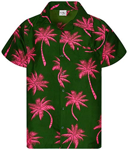 King Kameha Funky-Hawaii-Hemd, Herren, Kurzarm, Palm-Shadow, Grün-Pink, 4XL