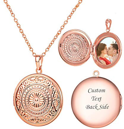 U7 Collier Locket Femme Plaqué Or Rose Personnalisable Photo Pendentif Médaillon avec Motif Dessins Décoratifs Chaîne Ajustable 50cm