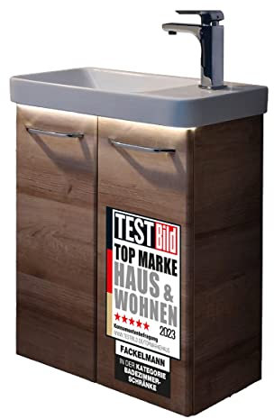 FACKELMANN Milano Badmöbel Set 3 Teile/Waschbecken/Waschbeckenunterschrank mit 2 Türen/LED-Beleuchtung/Badschrank mit Soft-Close/Gäste WC Set/Korpus & Front: Braun hell/Breite: 55 cm