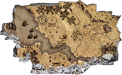 3D-Effekt Wandtattoo Aufkleber Durchbruch selbstklebendes Wandbild Wandsticker Stein Wanddurchbruch Wandaufkleber Tattoo,Historische Seekarte,Größe 80x120cm