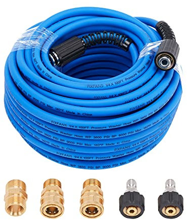 FIXFANS Pressure Washer Hose – 1/4 X 100 FT High Power Washer Extension Hose – Kink & Wear Resistant High Pressure Hose for Replacement – Compatible with M22 Fittings – 3600PSI