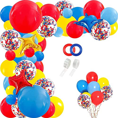 Karnevals-Zirkus-Ballongirlande, Bogen-Set – 127 Stück rot, blau, gelb, Konfetti-Latexballons und Sternfolienballons für Karneval, Babyparty, Geburtstagsparty-Dekorationen (blau, gelb, rot)
