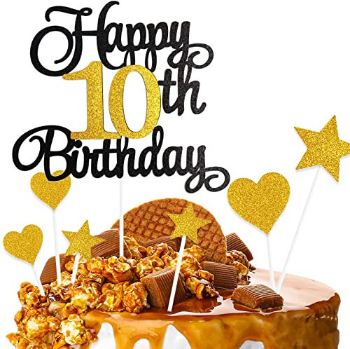 ZHIHUI Tortendeko 10 Geburtstag Schwarz&Golden Junge Mädchen, 7Stück 10.Kuchendeko Geburtstag, Happy 10 Birthday Deko Torte Kuchen Deko Cake Topper für 10 Geburstagstorte Deko Jungen Mädchen Mann Frau