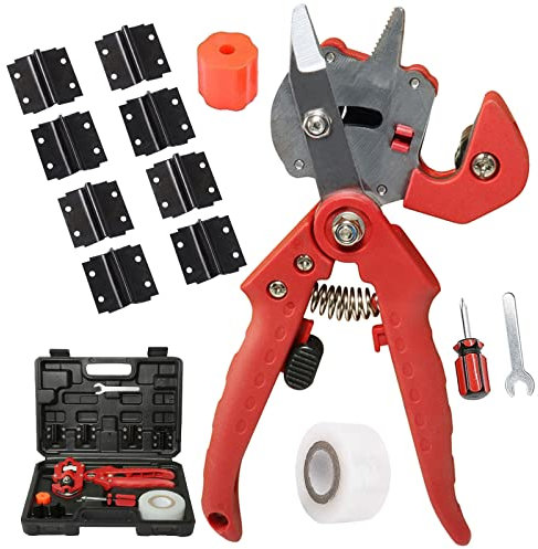 Pfropfen Werkzeug Kit, 2-in-1 Professionelle Garten Obstbaum Veredelungsschere Ratschenschere Set, Professionelle Einhand mit V + U + Ω + W Ersatzmesser Schneidwerkzeug Set für Blumen Zweige,Rot