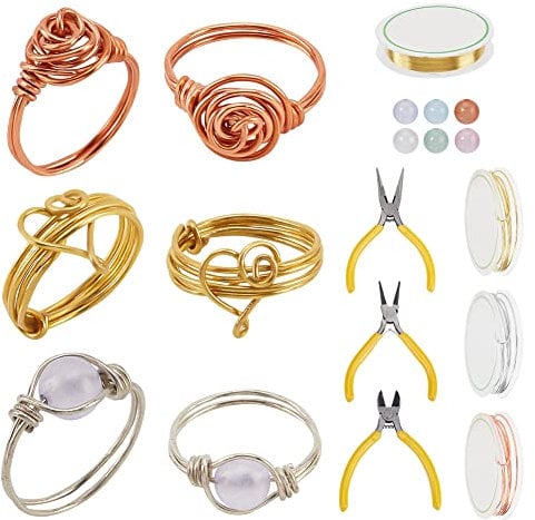 WEBBEDY Wire Wrapped Ring Making Kit, Jewelry Making Supplies Kit with 3-Color Jewelry Wire, Crystal Gemstone Beads, Mini Pliers Tools for Making 12 Sets Rings Wedding Valentine's Day Gift, 3 Styles