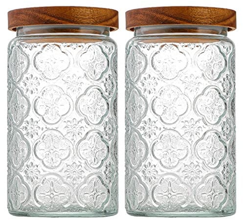 LODIKE Lot de 2 bocaux de rangement hermétiques en verre avec couvercles en bois naturel, grande capacité pour biscuits, pâtes, sucre, farine, céréales