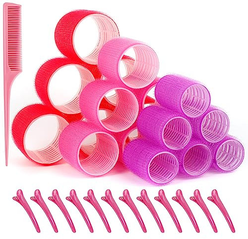 Lot de 33 bigoudis auto-adhésifs pour cheveux longs, moyens et courts, avec 18 bigoudis en 3 tailles, 12 clips, 1 peigne et 1 sac de rangement