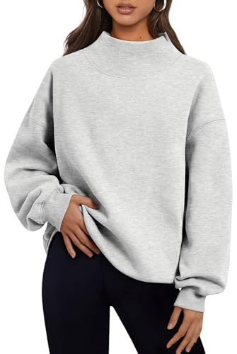 Trendy Queen Womens Oversized Sweatshirts Mock Neck Pullover Long Sleeve Hoodies Tops Fall Fashion Outfits 2026 Clothes Grey XL