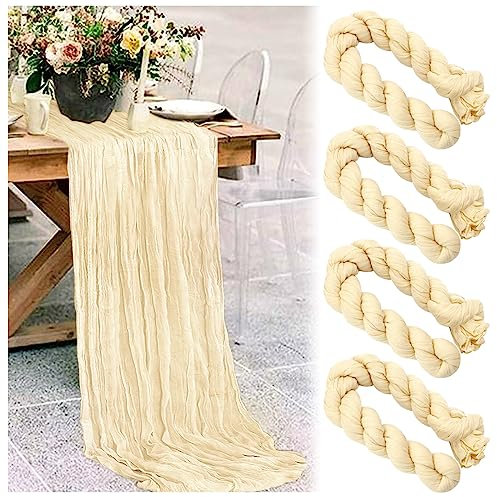 MOTONG 4er-Set Käsetuch Tischläufer 90x300cm Beige Boho Musselin Dekostoff für Hochzeit, Party & Geburtstag