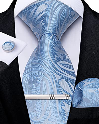 DiBanGu Blau Krawatte für Herren Seiden Hellblau Paisley Krawatte und Einstecktuch Krawattenklammer mit Manschettenknöpfen für Hochzeit Geschäftsfeier