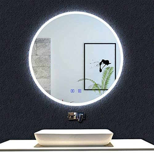 Acezanble 600mm Bluetooth Round Bathroom Mirror with LED Light, Illuminated Wall Mounted Vanity Mirror with Demister, Anti-fog Large Circle Makeup Mirror, 3-Color Dimmable LED Light, IP44