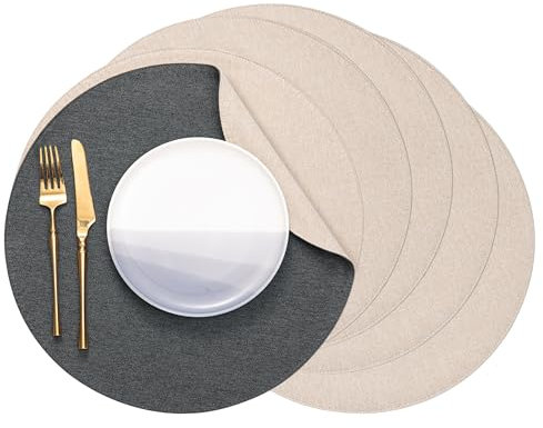 Banchif Tischsets, Durchmesser 38cm Leinenimitat Platzsets Abwaschbar rutschfeste Tischsets Platzsets Doppelseitigen Platzdecken (Grau-Beige, Rund Satz von 6)