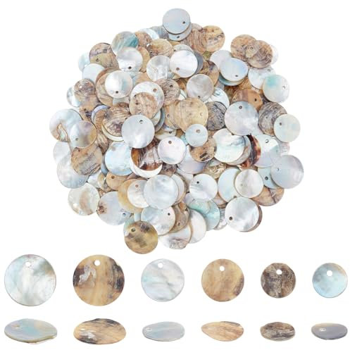 PH PandaHall 240pcs perle de Coquillage Naturel, 3 Styles Rondes et Plates en Nacre, Perles de Coquille et de Pièce de Monnaie en Coquillage pour Collier et Bracelet, 10/12/15 mm