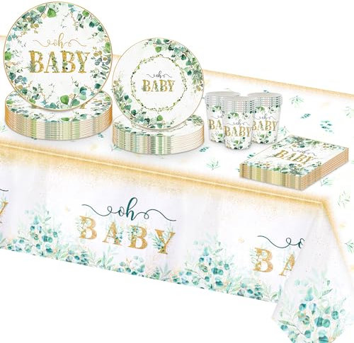 TOPWAYS Babyparty Deko Junge Mädchen Neutral Einwegbesteck Set, Grün Eukalyptus Papier Teller Becher Servietten Tischdecke für Baby Shower Deko Gender Reveal Party Decorations (16 Gäste)