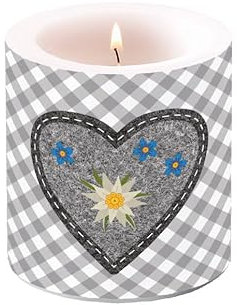 Ambiente Kerze Bayern Edelweiss in Herz grau als Tischdeko. Motivkerze rund klein für den gedeckten Tisch Ø7,5 x 9cm