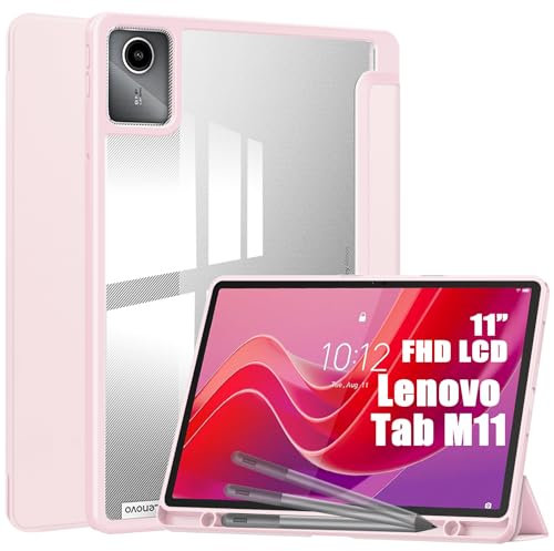 idudao Premium Hybrid Case for Lenovo Tab M11, Hard Shell Cover with Pen Holder Clear Back for 11 inch 2024 TB330FU Tablet PC, Pink