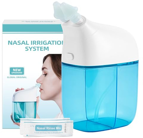 SEMIOEN Nasal Irrigation System with 30 Saline Packets, Sinus Rinse Machine, Nose Sinus Cleaner Machine with Water Tank & Waste Collection Tank - Blue