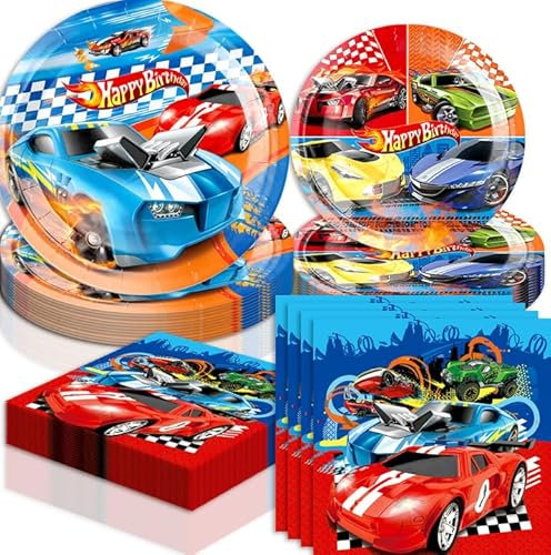 Generic 40 Pcs Racing Hot Car Birthday Party Decorations - Red, Black, White, Multi-color - 40 Count - Car/Racing Pattern - Includes Plates & Napkins - Serves 10 Guests